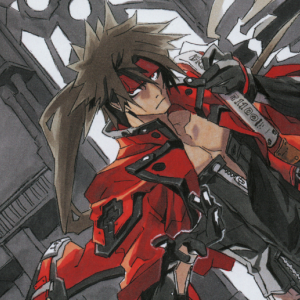 A crop of Sol Badguy standing in a cathedral and reaching towards the viewer.