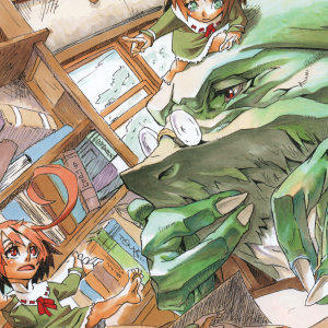 A crop of Doctor Paradigm holding his chin thoughtfully. Two little fairy girls are floating on his head and near it.