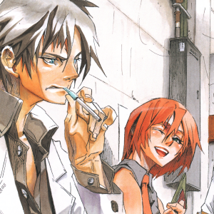 A crop of Frederick chewing on a paper and Aria laughing at him in the background.