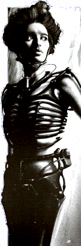 A black and white illustration of a woman with various biomechanical parts worn over her fleshy, nude, body.