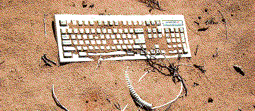 A white keyboard and cord half buried by dirt.