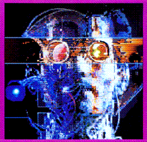 A digitized human face with orange accents from the Neuromancer video game