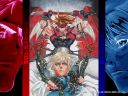 A wallpaper of Sol and Ky surrounded by chains with their portraits in solid red or blue borders.
