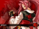 A wallpaper of Baiken on a red background with the Guilty Gear 'GG' logo.