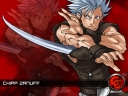 A wallpaper of Chipp Zanuff on a red background with the Guilty Gear 'GG' logo.