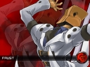A wallpaper of Faust on a red background with the Guilty Gear 'GG' logo.