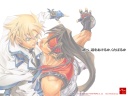A wallpaper of Sol and Ky in each others' faces with Japanese text that roughly translates to 'Get out of my way or drop dead, your choice.'