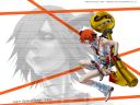 A wallpaper of ABA on a white background with her portait in greyscale in the back.