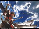 A wallpaper of Order Sol holding a thin cloth up into a cloudy blue sky and smiling.