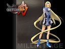 A wallpaper of Millia Rage on a grey and black background with the GG Isuka logo.