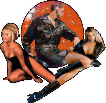 A man in leather and two women in sexy clothes at his sides lounging in front of a glittering orange orb