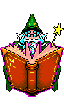 An animated pixel sprite of a green cartoon wizard glowing and reading his spellbook.