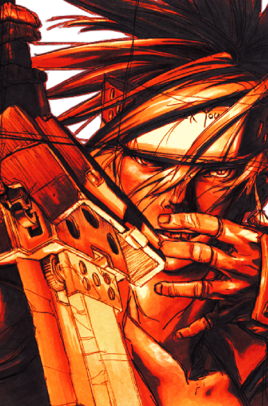 A closeup of Sol Badguy done in shades of orange with loose linework. It's the Guilty Gear X Advance box art illustration..