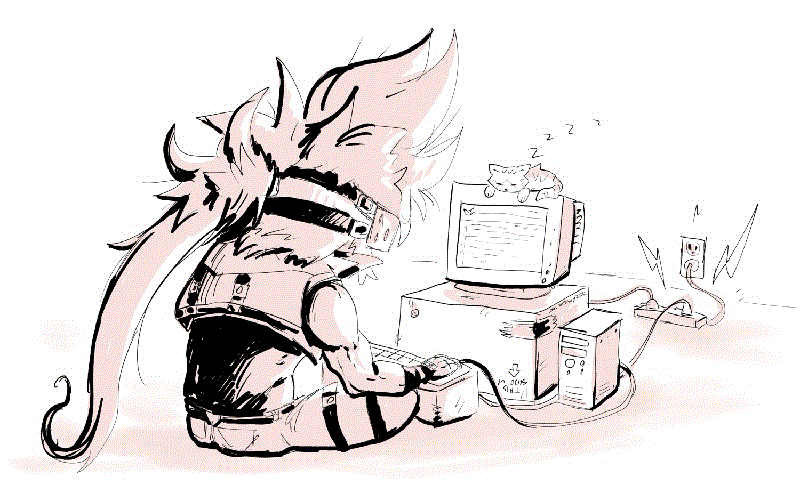 A loose sketch of Sol Badguy sitting at a haphazard computer setup. A cat sits on the monitor.