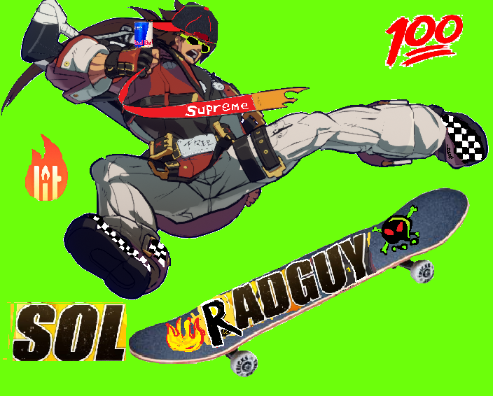 Sol Badguy doing a kickflip on a skateboard with the words 'Sol Radguy' edited over it.