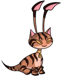 A brown aisha with tabby cat markings. It's sitting and facing towards the right